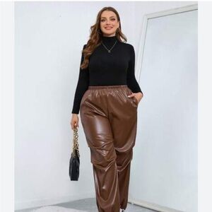 Maison Cinqcent Highrise Elastic Waistband Brown Faux Leather Pants Size 3X